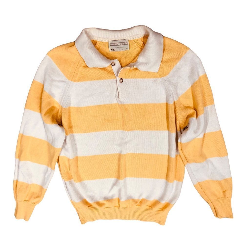 Vintage Retro Lord Jeff Yellow White Stripes Collar Knit Sweater Sz L